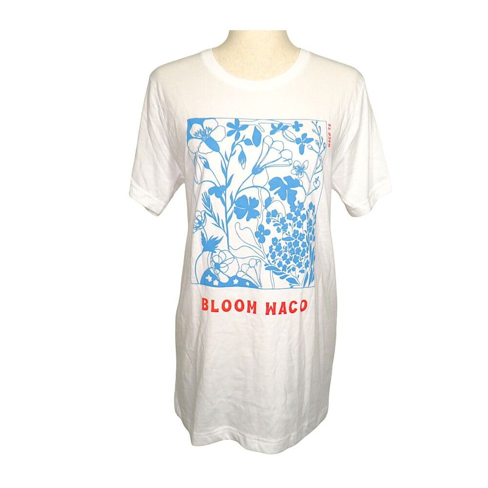 Bella + Canvas Women's White Blue Floral Waco Texas Tee Shirt Size Medium